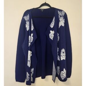 J Peterman Navy Blue Merino Wool Open Front Cardigan Sweater Floral Motif Large